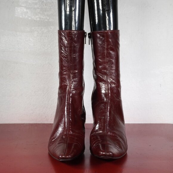 Women's Nine West Brown Leather Ankle High Low Heel Fashion Boots Booties 8 - Picture 2 of 9